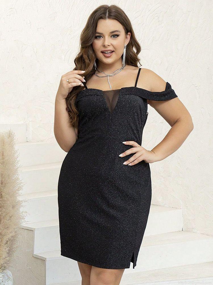 Plus Size Women's Sexy Off Shoulder Mini Dress Mesh Patchwork Glitter Bodycon Elegant Evening Party Banquet Short Dress For Ladies