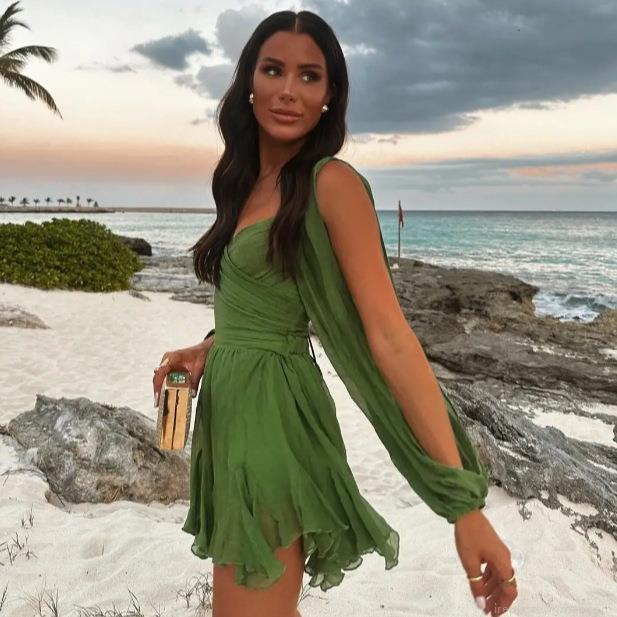 Women Sexy V Neck Cold Shoulder Split Long Sleeve Chiffon Dress Elegant Tie Waist Solid Color Mini Dress For Party Evening Vacation Clubwear