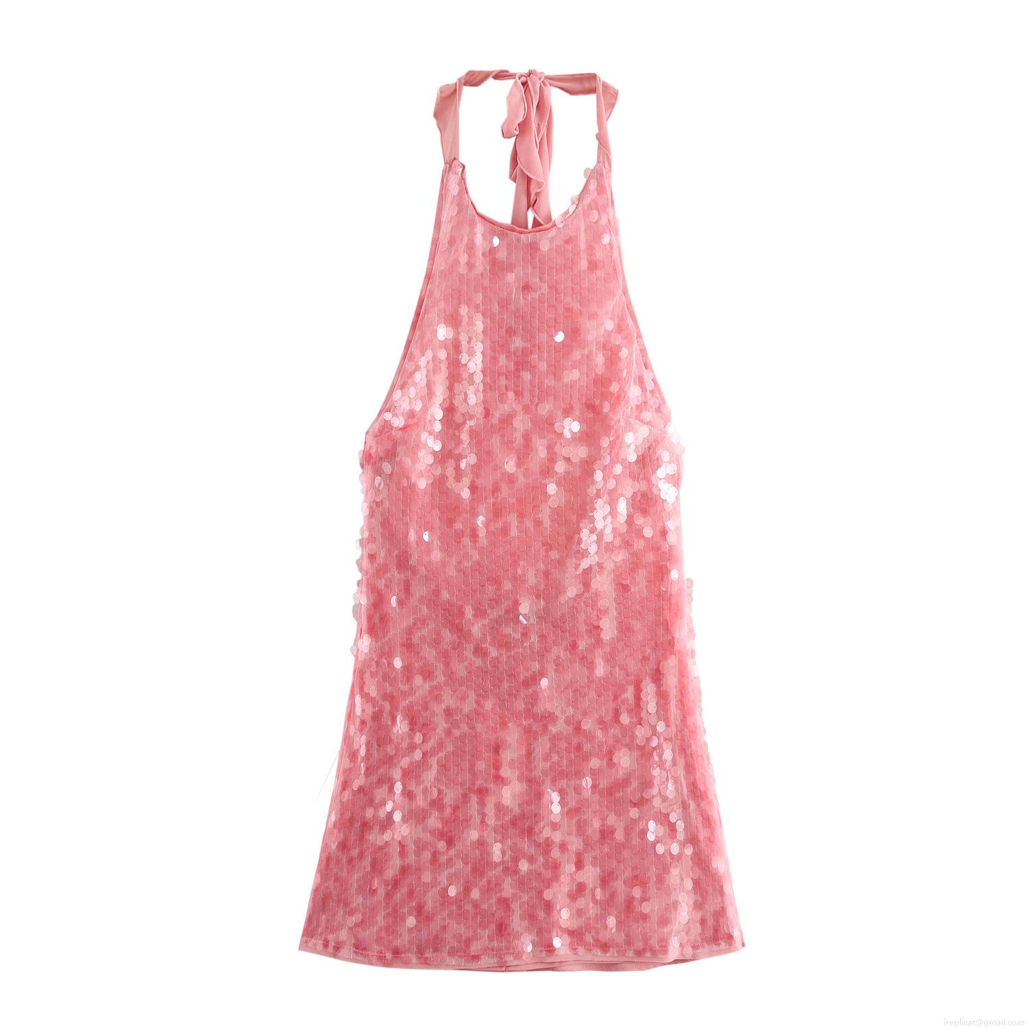Sexy Pink Sequin Halter Mini Dress For Women Elegant Backless Sleeveless Party Evening Night Club Celebrity Bodycon Wear