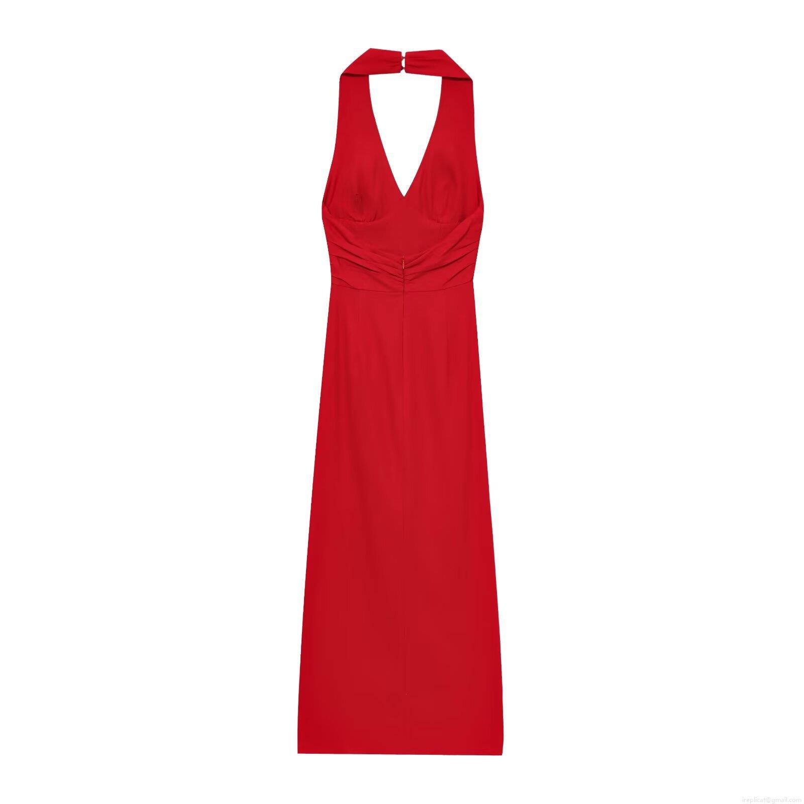 Women's Elegant Red Halter V-Neck Maxi Dress Ruched Slim Fit Side Slit Backless Party Evening Wedding Guest Dress Sleeveless Bodycon Long Dress