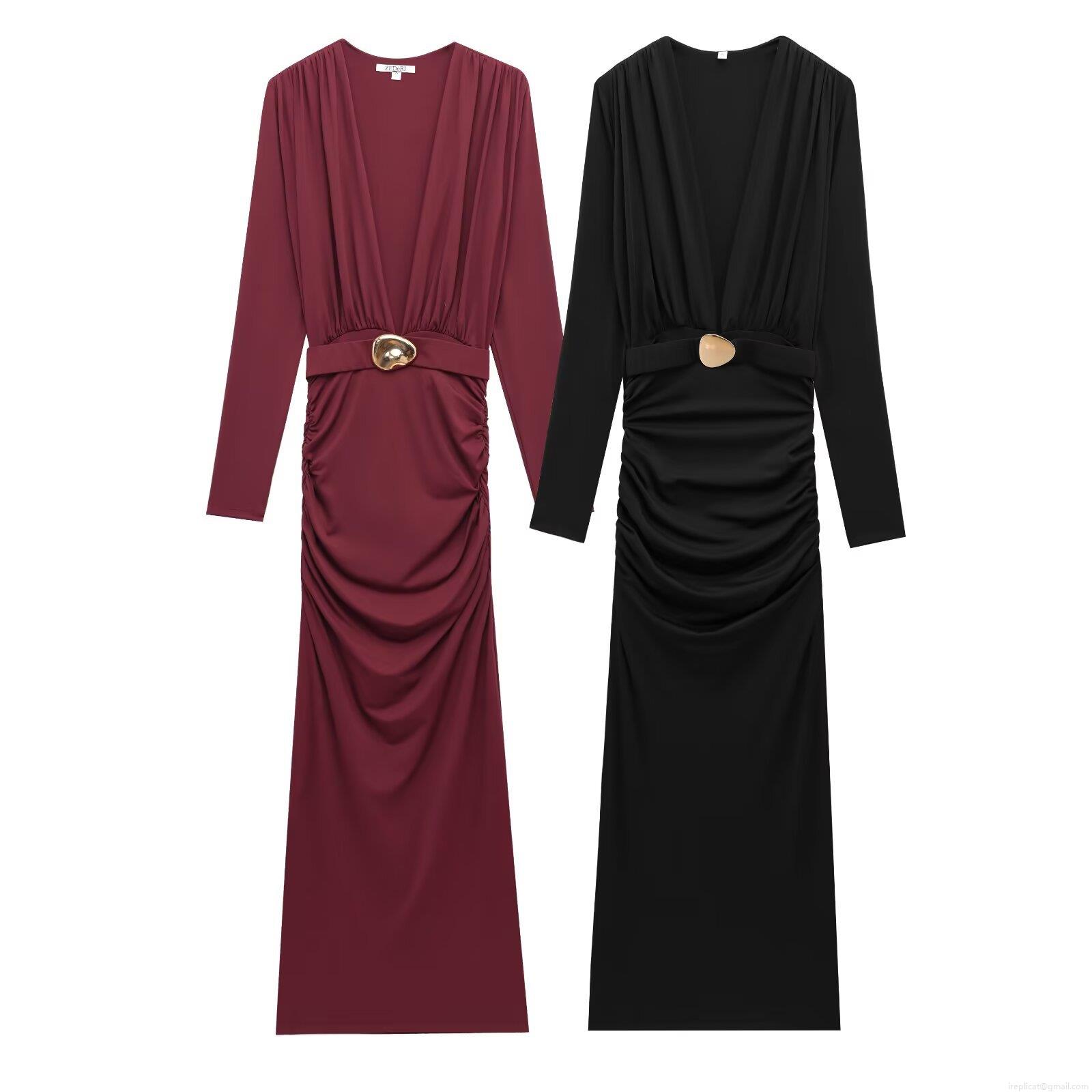Women Deep V-Neck Long Sleeve Ruched Maxi Dress Polyester Solid Color With Gold Metal Buckle Elegant Evening Party Bodycon Gown