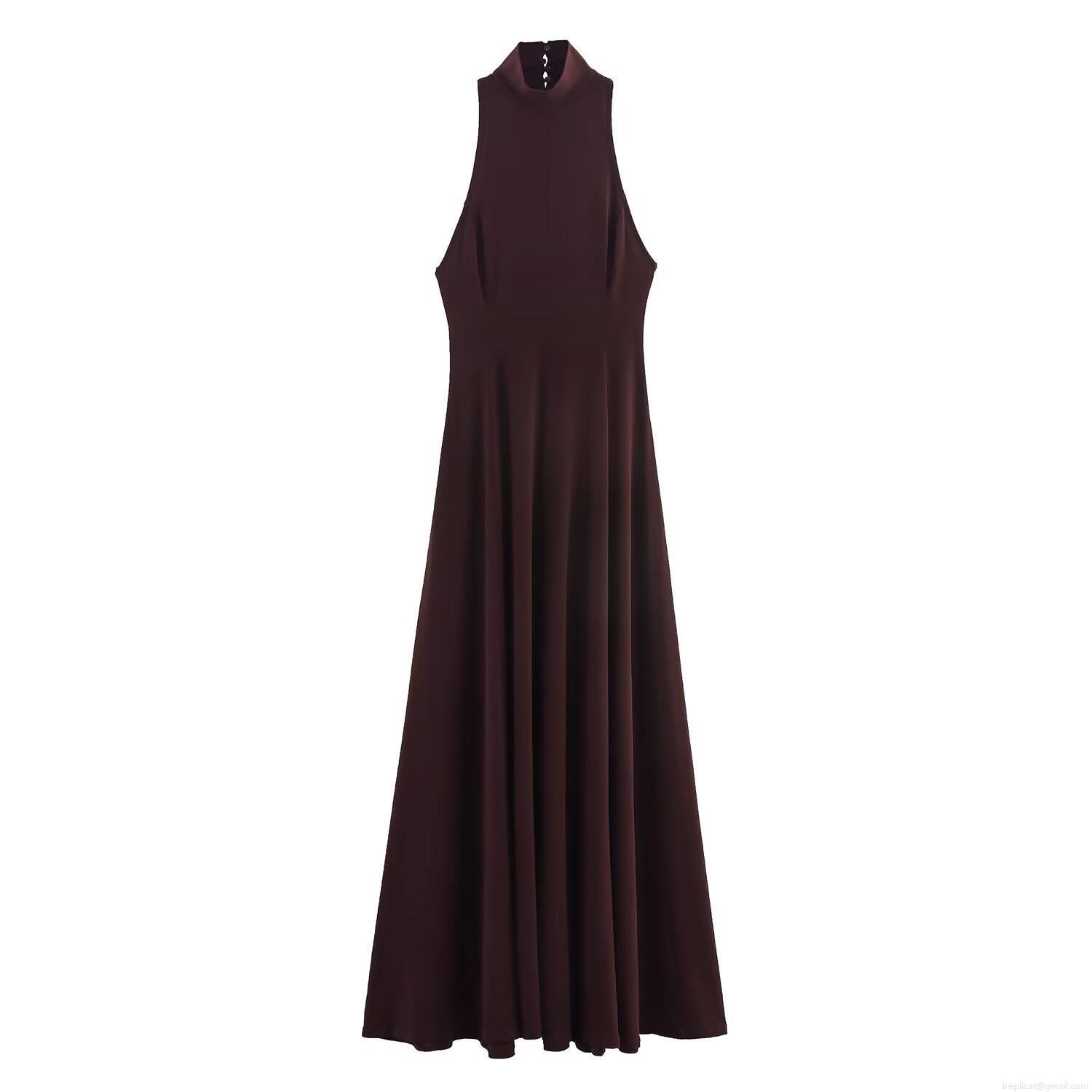 Elegant Halter Neck Backless Maxi Dress Knitted Slim Fit Evening Party Long Dress For Women Sexy Solid Reddish Brown Prom Ball Gown