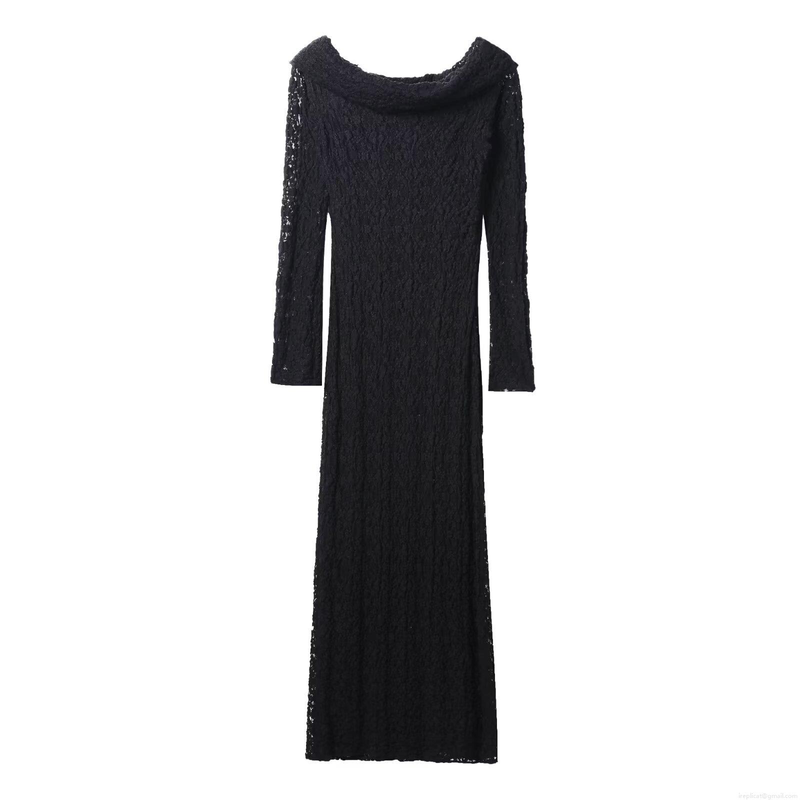 Women Elegant Black Lace Hollow Out Embroidery Off Shoulder Long Sleeve Midi Dress Vacation Party Sexy Slim Fit Long Dresses