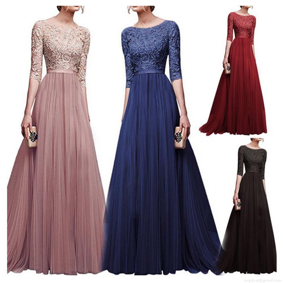 Women's Elegant Lace Patchwork Evening Dress Round Neck Three-Quarter Sleeve Chiffon Mesh Pleated Maxi Gown For Party Banquet Wedding Formal Solid Color Long Dress