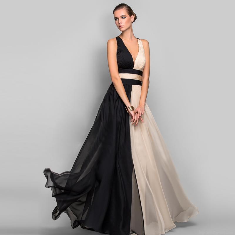 Elegant Women's V-Neck Sleeveless Color-block Maxi Evening Dress Sexy Backless Crossover Straps Chiffon Patchwork Party Gown High-End Wedding Banquet Dress