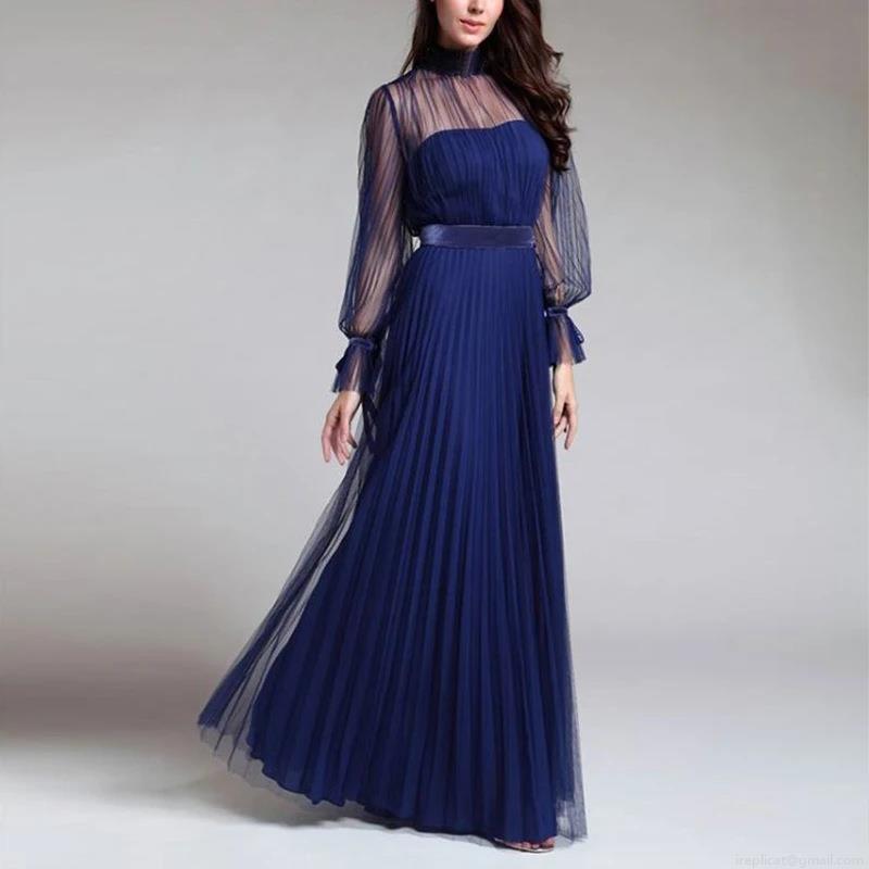 Elegant Women's Navy Blue Pleated Evening Maxi Dress High Neck Long Lantern Mesh Sleeves Beads Decoration Formal Party Gala Gown