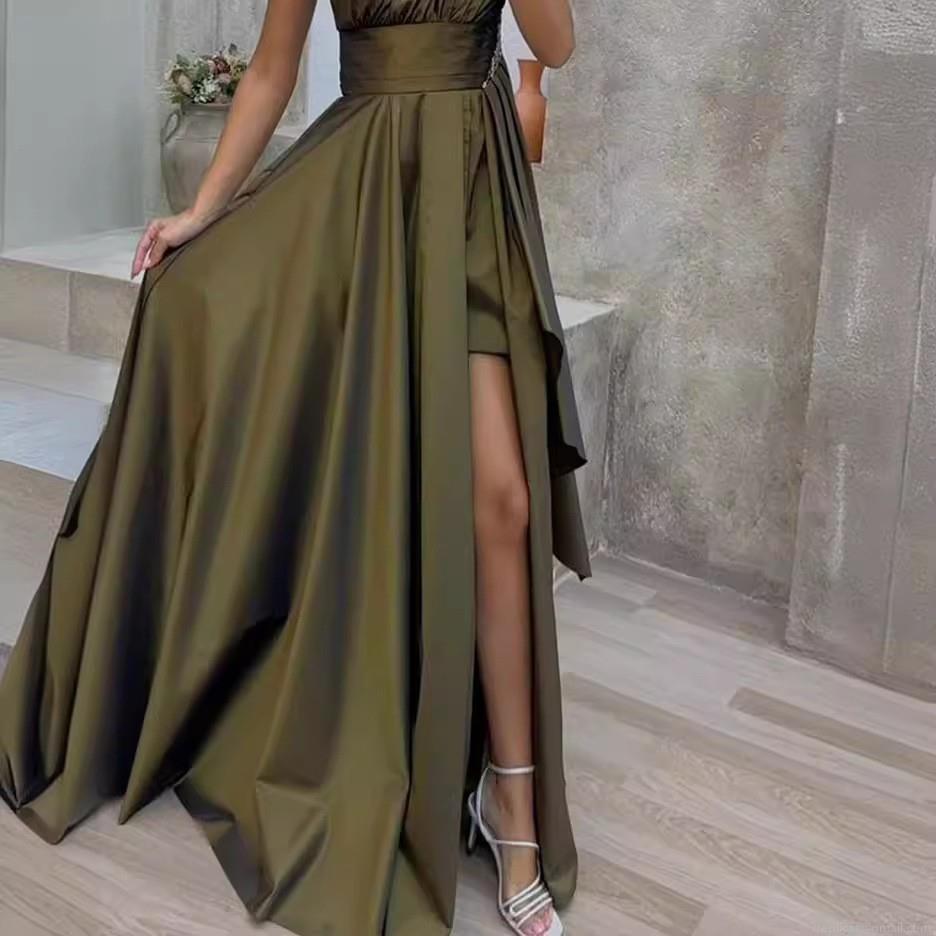 Elegant One-Shoulder Satin Maxi Dress Women Sexy High Slit Pleated Waist Evening Party Gown Solid Color Sleeveless Bodycon Dress for Formal Wedding Bridesmaid