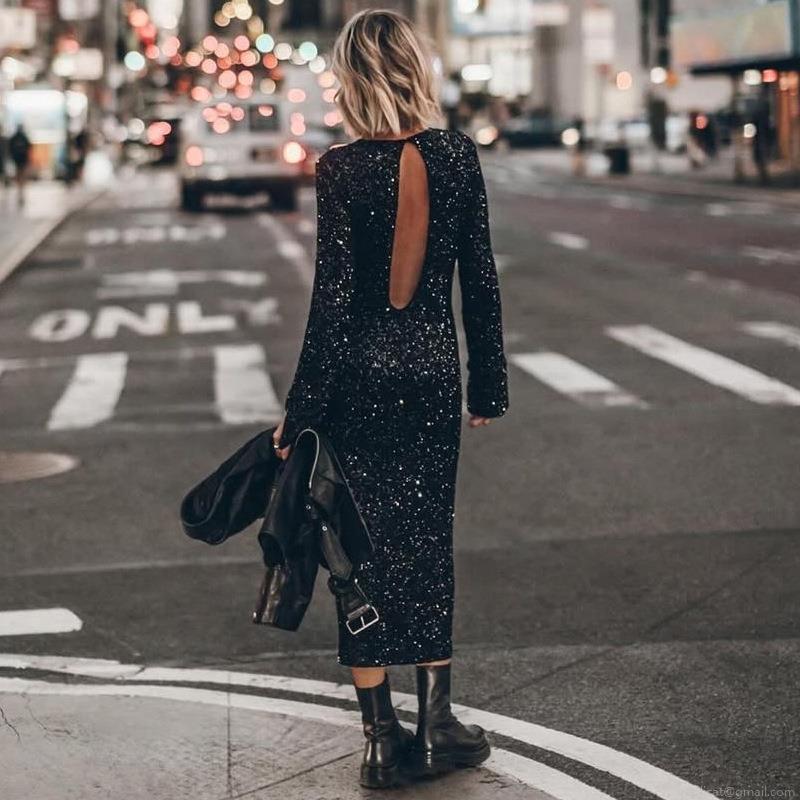 Women Sexy Backless Sequin Long Sleeve Dress Sparkly Round Neck Slim Fit Evening Party Maxi Gown Elegant Street Style Clubwear Ladies Dresses