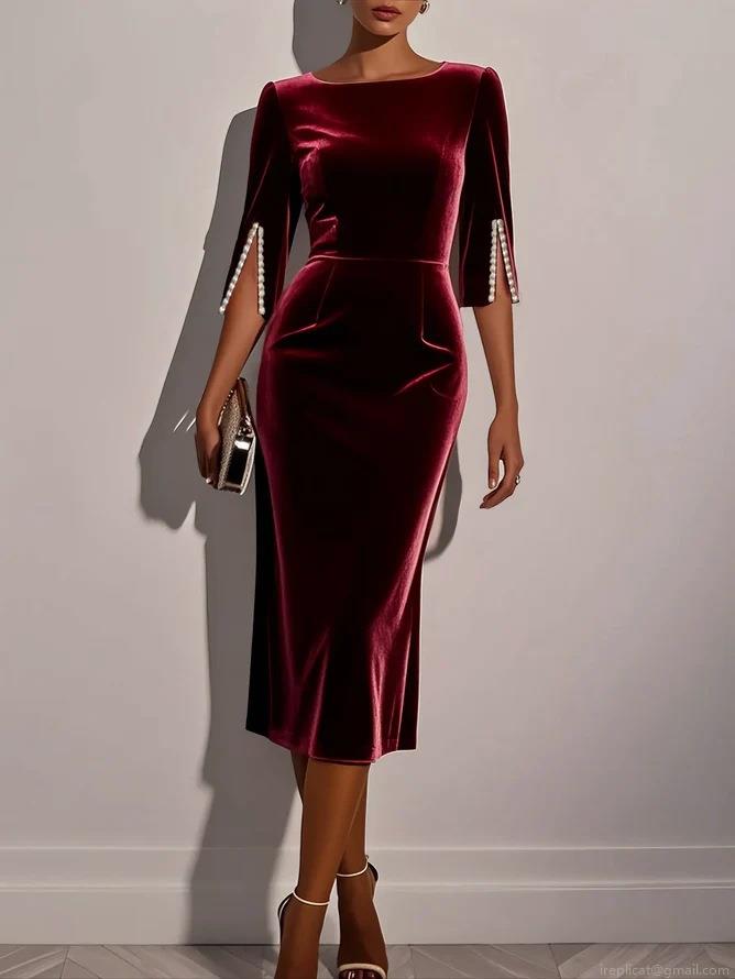 Elegant Wine Red Velvet Midi Dress With Pearl Embellished Slit Cuffs Off-shoulder Slim Fit Bodycon Evening Gown For Wedding Party Banquet Women Vintage Style Formal Dress