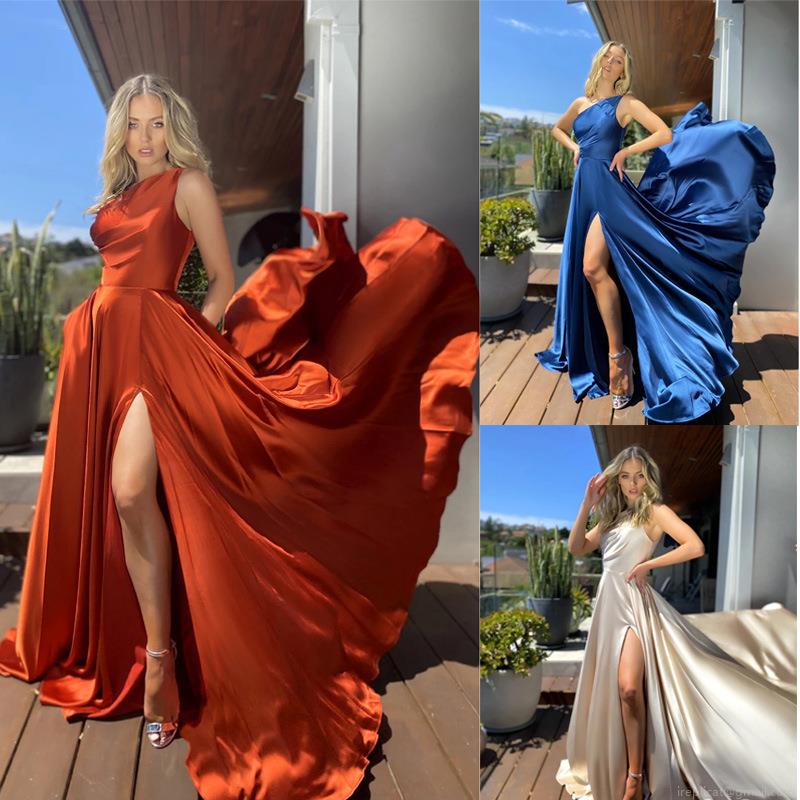 Elegant Women One Shoulder Satin Maxi Evening Dress Sexy High Slit Formal Gown Sleeveless Solid Color Luxury Prom Dress For Wedding Party Guest