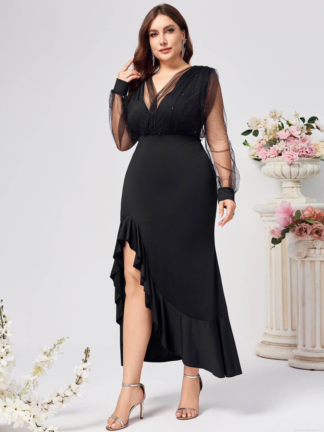 Women's Elegant V Neck Evening Dress Mesh Long Sleeves With Glitter Asymmetrical Ruffle Hem High Slit Formal Party Gala Dress Wedding Guest Gown