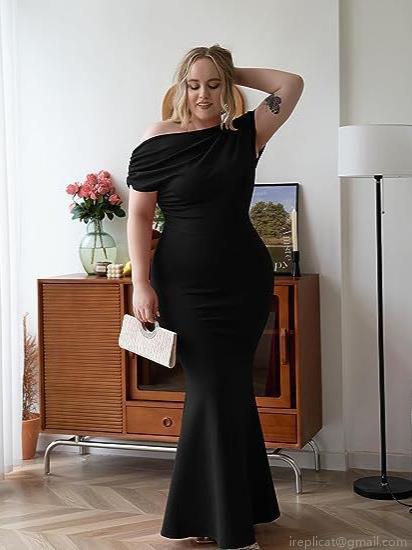 Women's Plus Size Black One Shoulder Evening Gown Elegant Slim Fit Fishtail Maxi Party Dress Formal Occasion Prom Dresses