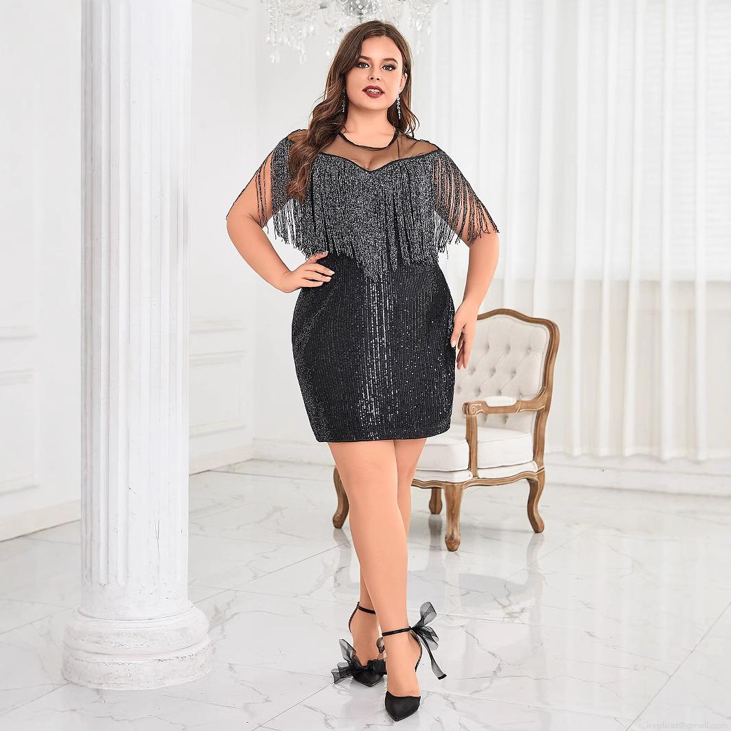 Women's Plus Size Sequin Tassel Dress Elegant Mesh Patchwork Bodycon Mini Evening Party Dress Vintage Sexy Fringe Shawl Wedding Banquet Dress