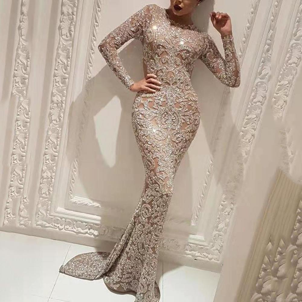 Luxury Sequin Lace Embroidered Long Sleeve Mermaid Evening Dress Elegant Formal Wedding Party Gown For Women Bodycon Floor Length Maxi Dress