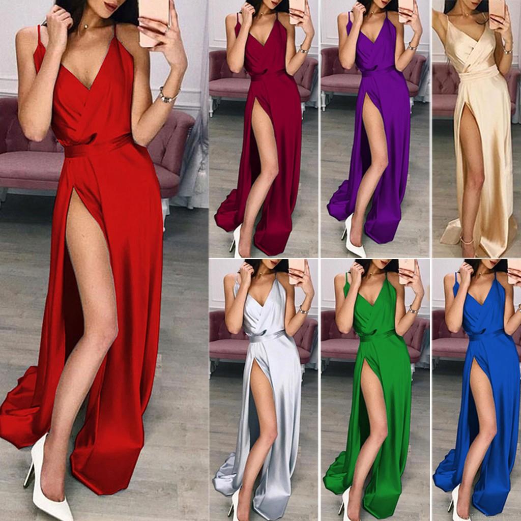 Women's Sexy V-Neck Satin High Slit Maxi Dress Elegant Sleeveless Backless Evening Gown For Wedding Party Banquet Prom Solid Color Floor Length Slit Dress