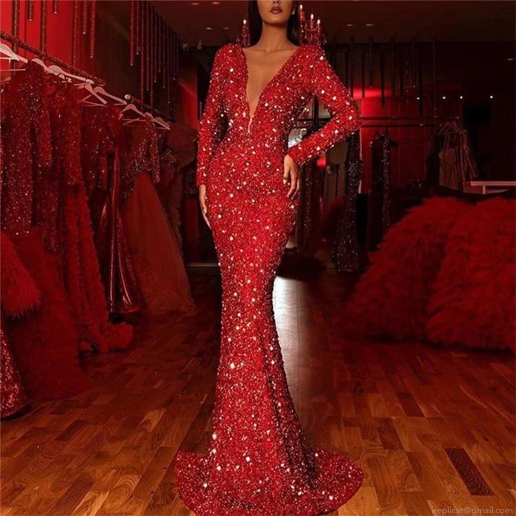 Elegant Red Sequin Deep V-Neck Mermaid Evening Dress Long Sleeve Slim Fit Floor Length Banquet Party Gown For Women