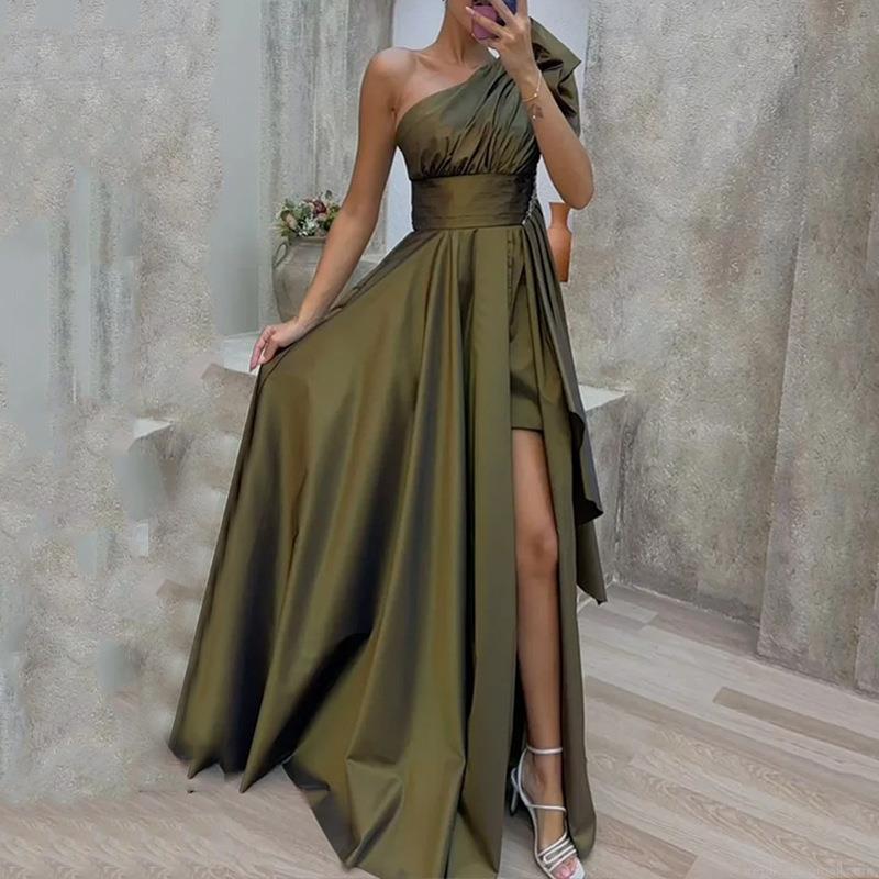 Elegant One Shoulder Satin Evening Dress High Slit Ruched Maxi Gown For Women Prom Party Wedding Guest Dress Olive Green Formal Dress