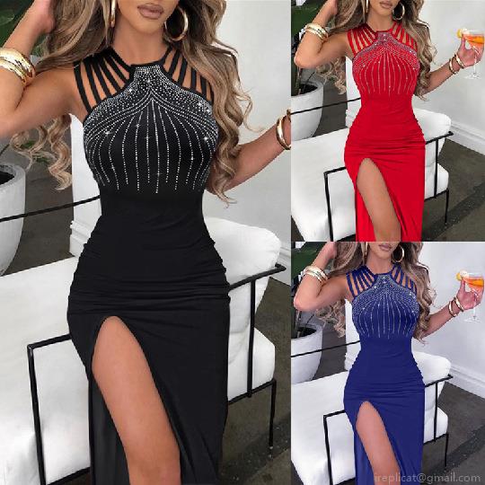 Women Sexy Halter Neck Rhinestone Slit Evening Dress Elegant Bodycon Sleeveless Hollow Out Polyester Spandex Maxi Dress For Party Banquet Nightclub Prom Wedding