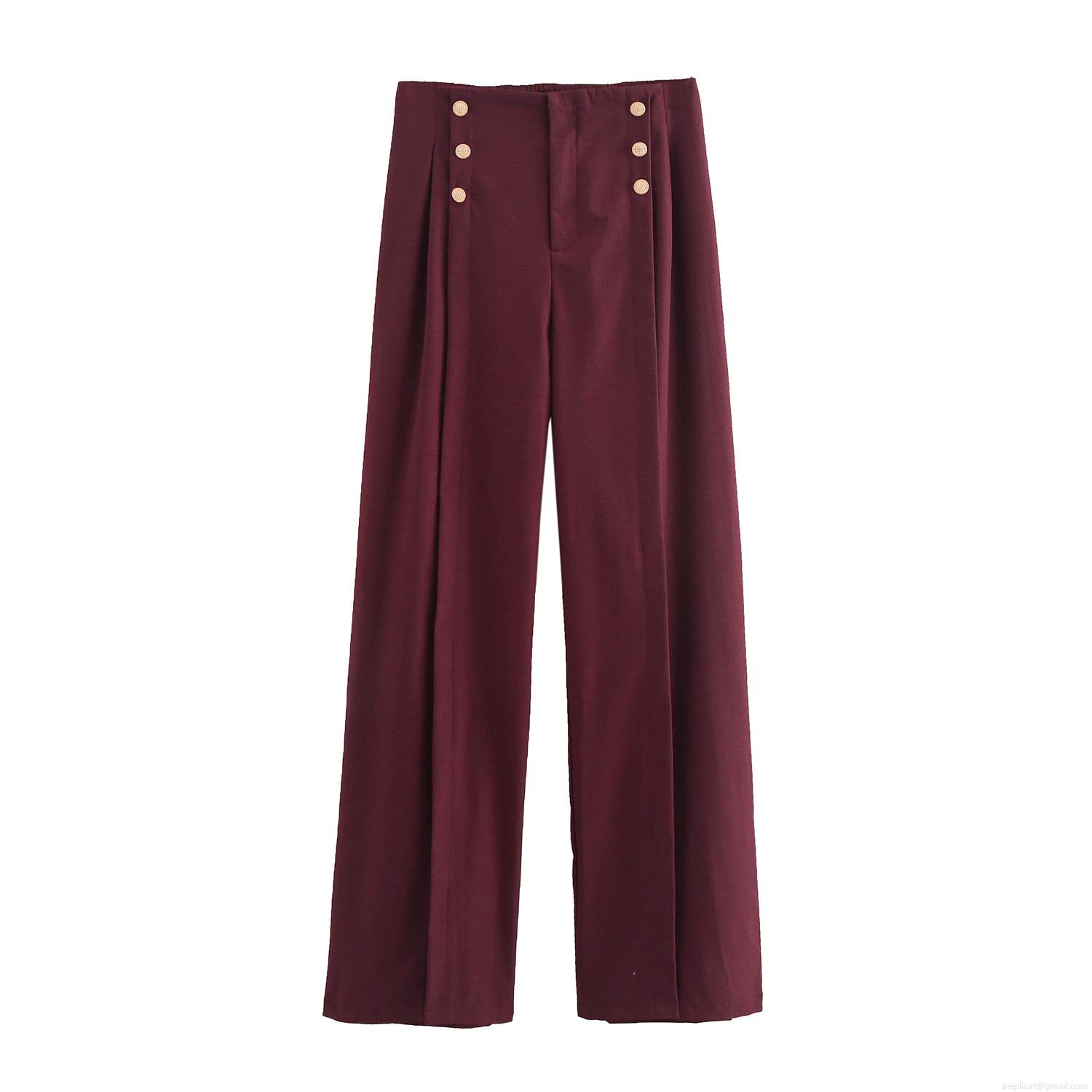 Women High Waist Straight Leg Trousers Elegant Burgundy Red Commuting Pants With Gold Button Decoration Autumn Winter Pleated Trousers