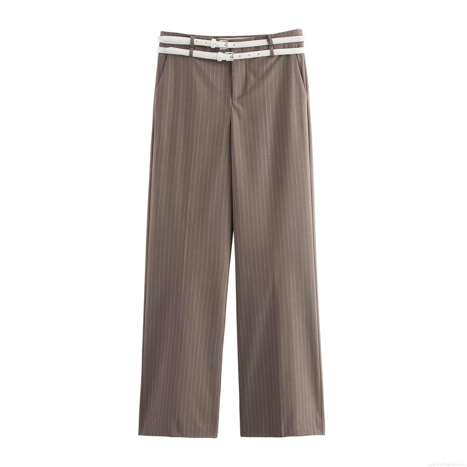 Women's Striped Straight-Leg Suit Pants With Double White Belts Mid-Waist Polyester Commuter Trousers For Office Work