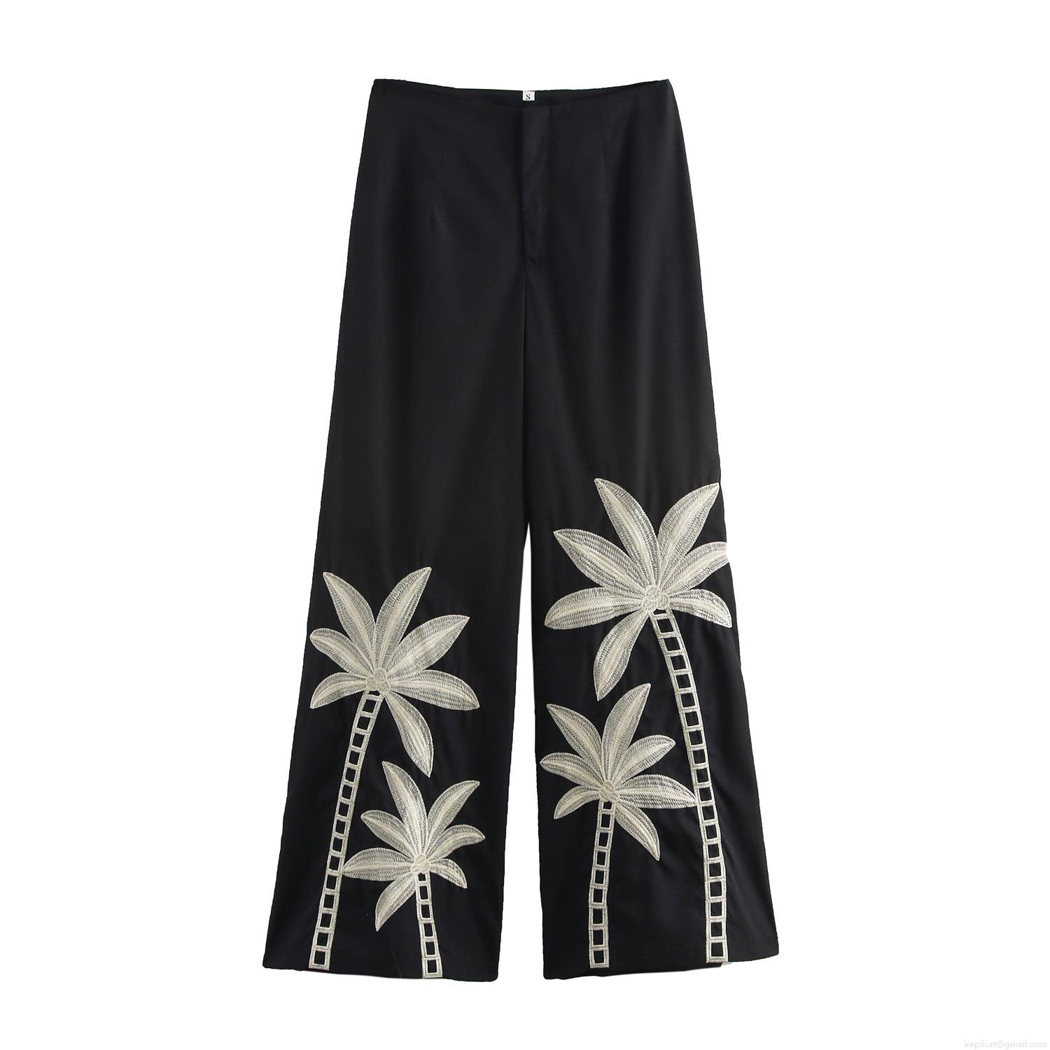 Women's Tropical Vacation Black Straight Leg Pants With White Palm Tree Embroidery Casual Mid Waist Long Trousers Polyester Resort Wear
