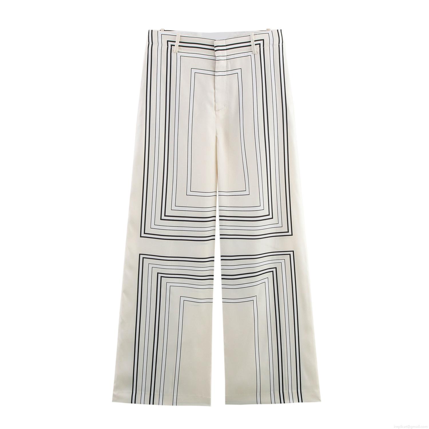 Women's Geometric Print Wide Leg Pants High Waist Satin Silk Straight Trousers Casual Loose Long Trousers for Streetwear Summer Fashion