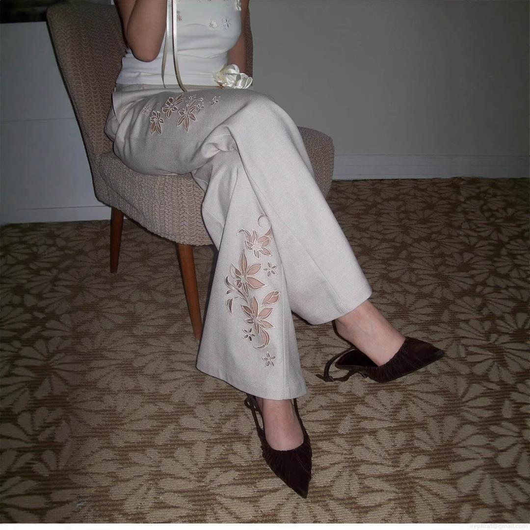 Women's Hollow Out Embroidery Flare Pants Elegant Low Waist Polyester Trousers Casual Chic Full Length Pants For Lady Office Party
