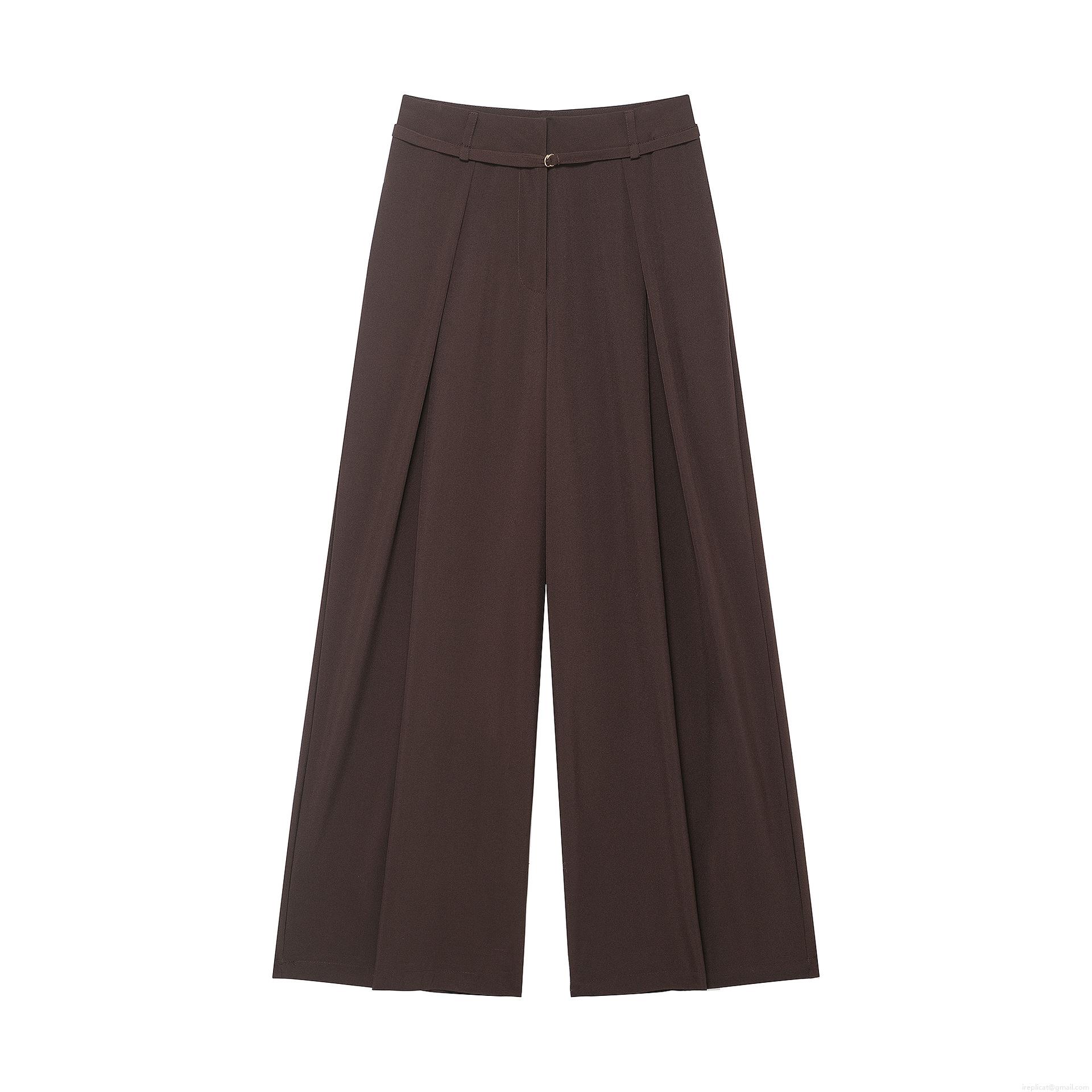 Women High Waisted Wide Leg Trousers 100% Polyester Pleated Casual Pants With Gold Buckle Belt Fall Fashion Solid Color Long Slacks For Office Lady