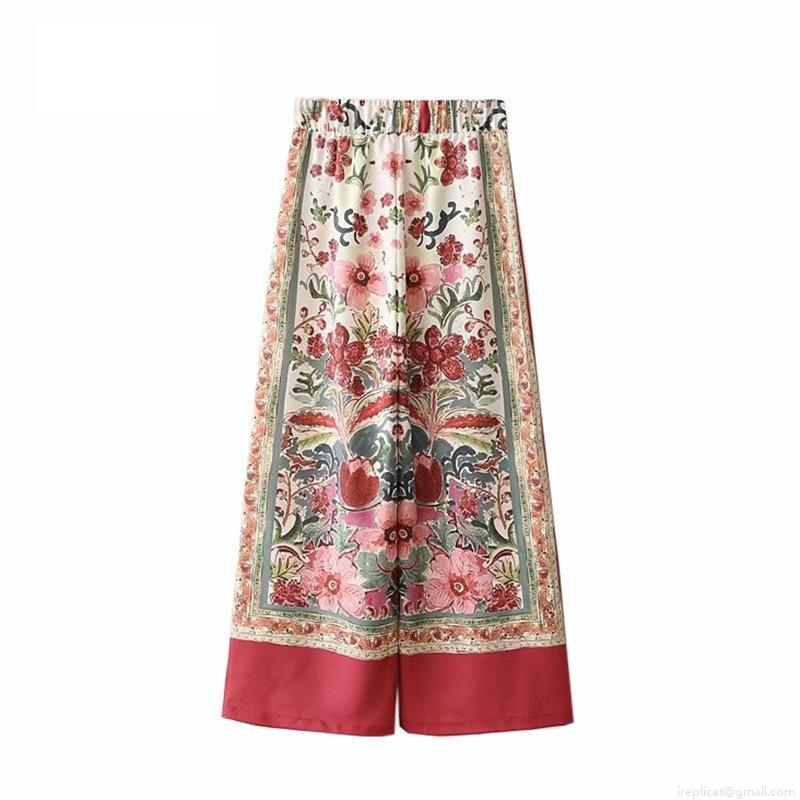 Women's Vintage Bohemian Floral Print Wide Leg Pants High Waisted Elastic Drawstring Cotton Blend Loose Straight Trousers For Summer Vacation Beach