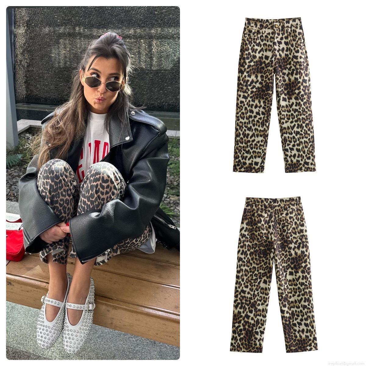 Women's Leopard Print Straight Leg Pants High Waist Polyester Streetwear Casual Long Trousers for Summer Spring Fashion Female Bottoms