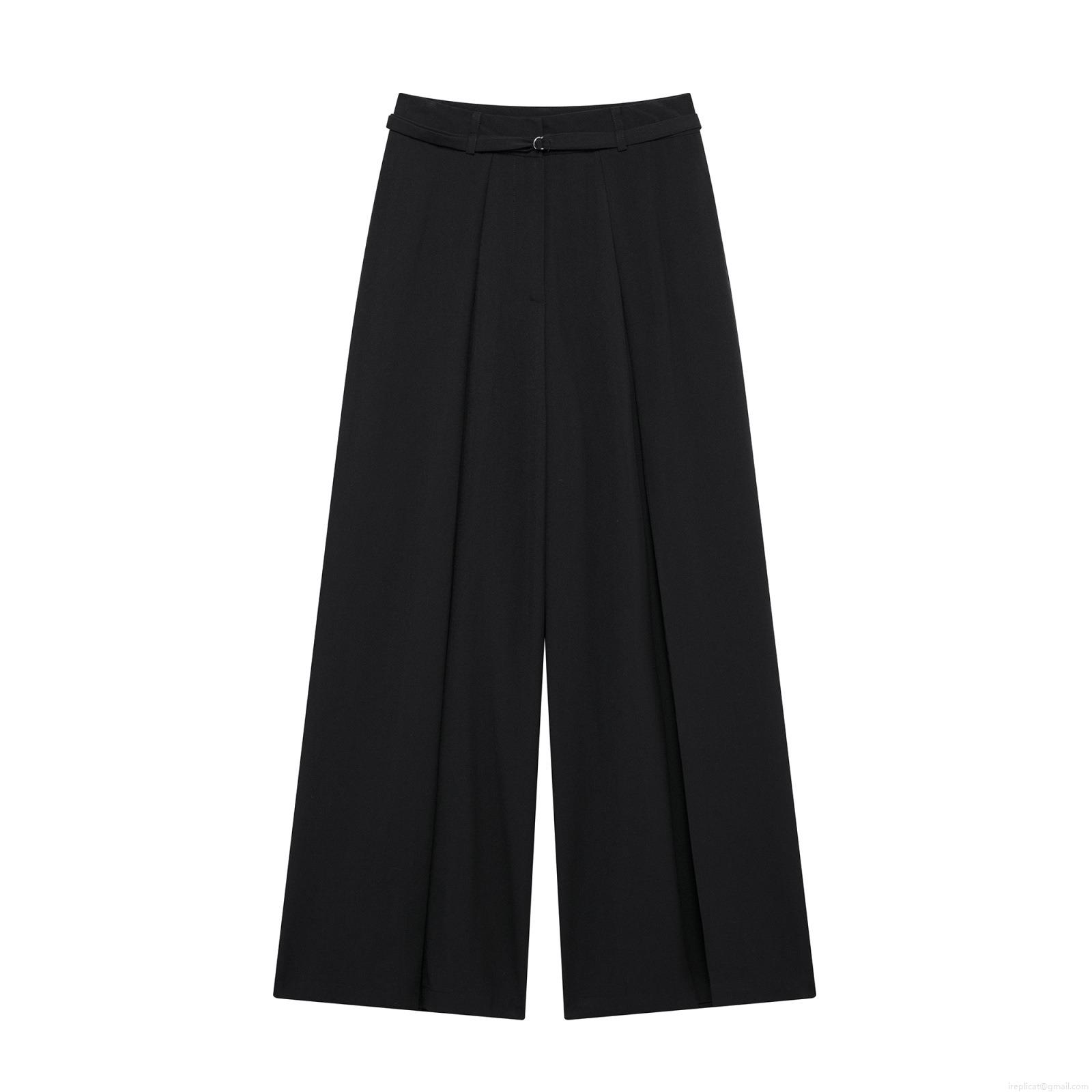 Women Street Fashion Wide Leg Pants With Belt Casual High Waist Solid Black Polyester Straight Trousers For Spring Streetwear Daily Commute Long Pants