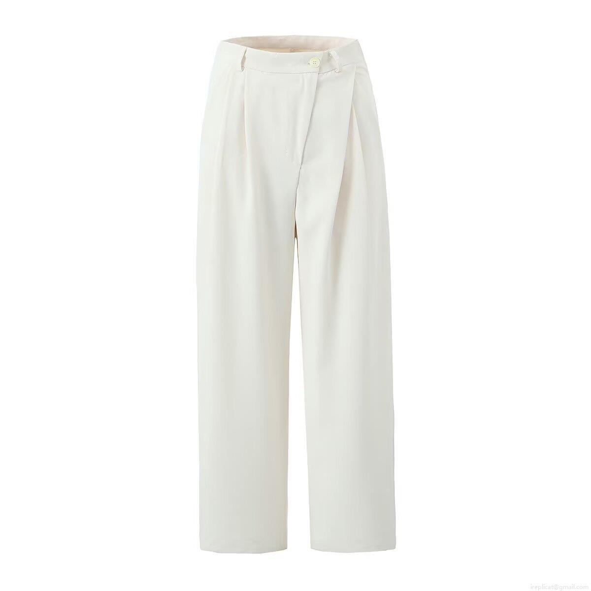 Women's High Waist Straight Leg Trousers Elegant Off-White Solid Color Casual Suit Pants Pleated Wide Leg Trousers For Office Daily Streetwear