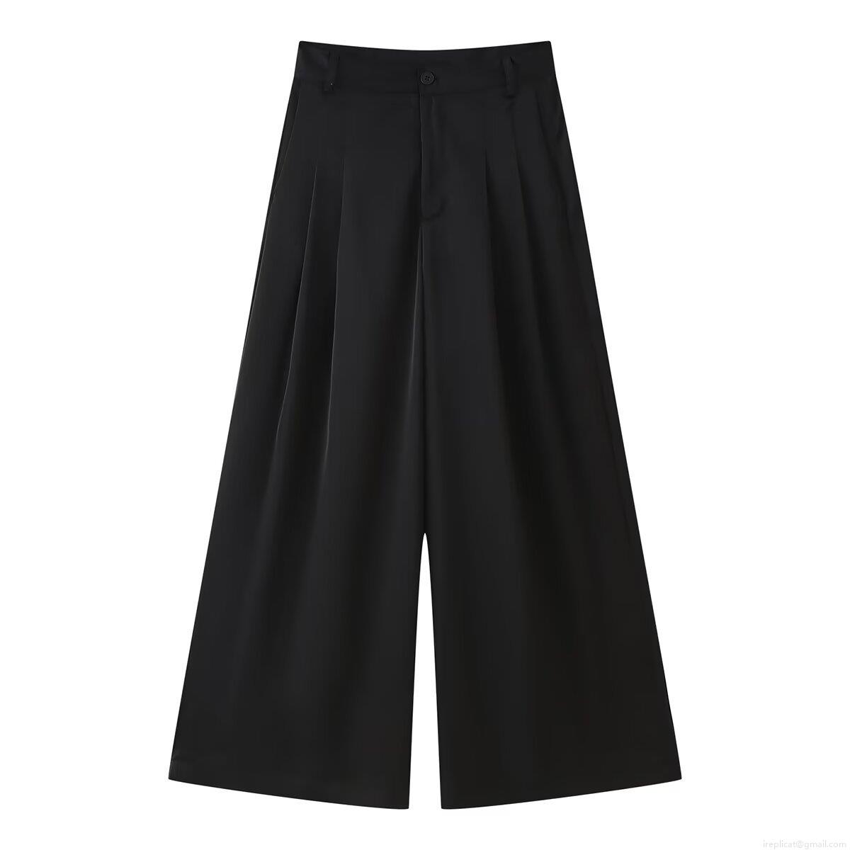 Women's Wide Leg Pants 100% Polyester Mid Waist Front Pleated Loose Fit Casual Daily Office Streetwear European American Style Solid Color For Women