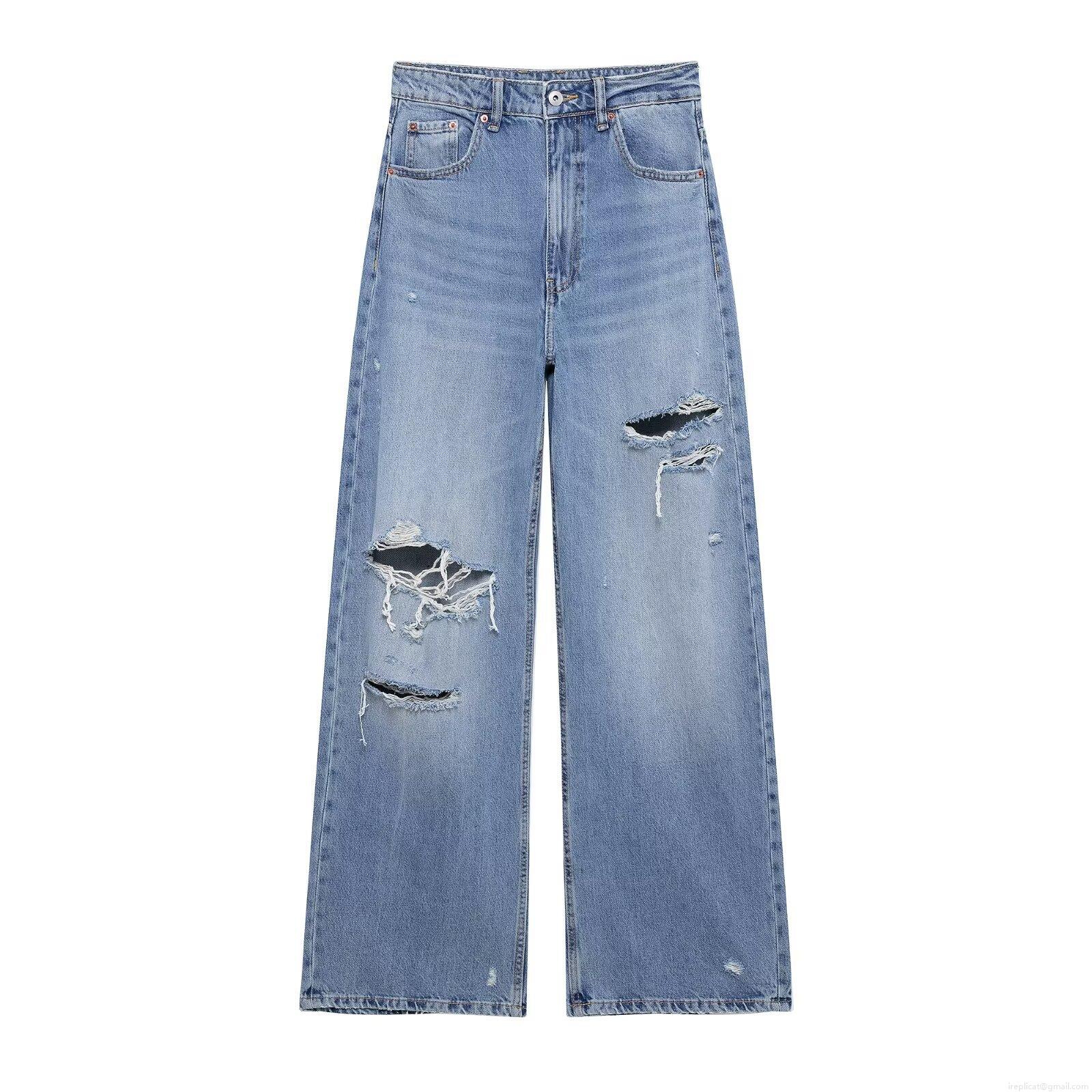 Women's Casual Ripped Distressed Denim Jeans Fashion Loose High Waisted Straight Leg Pants Light Blue Streetwear Denim Trousers