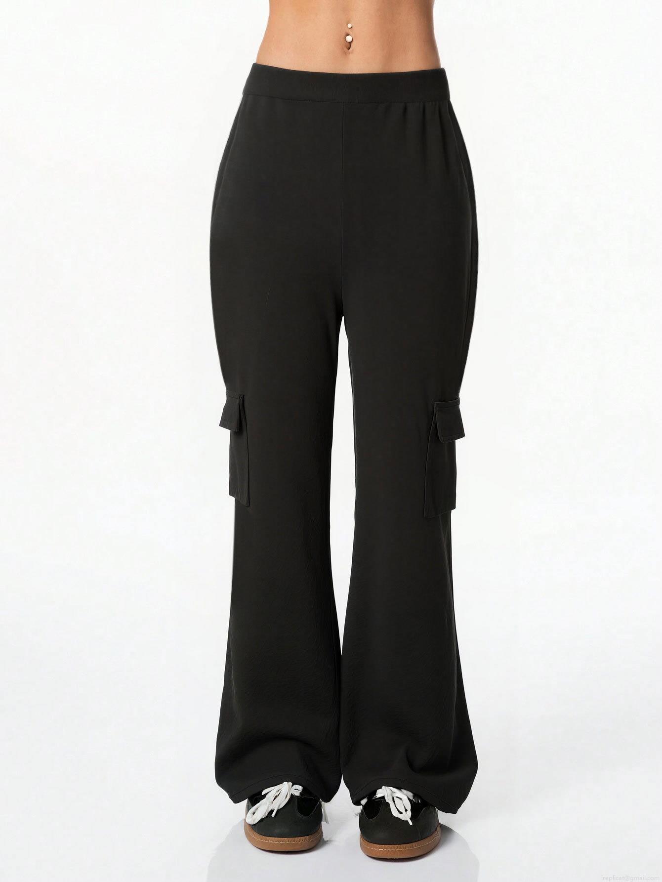 Women High Waist Cargo Flare Pants Elastic Waist Solid Black Trousers With Side Large Pockets Fashion Casual Streetwear For Ladies 95% Polyester 5% Elastane