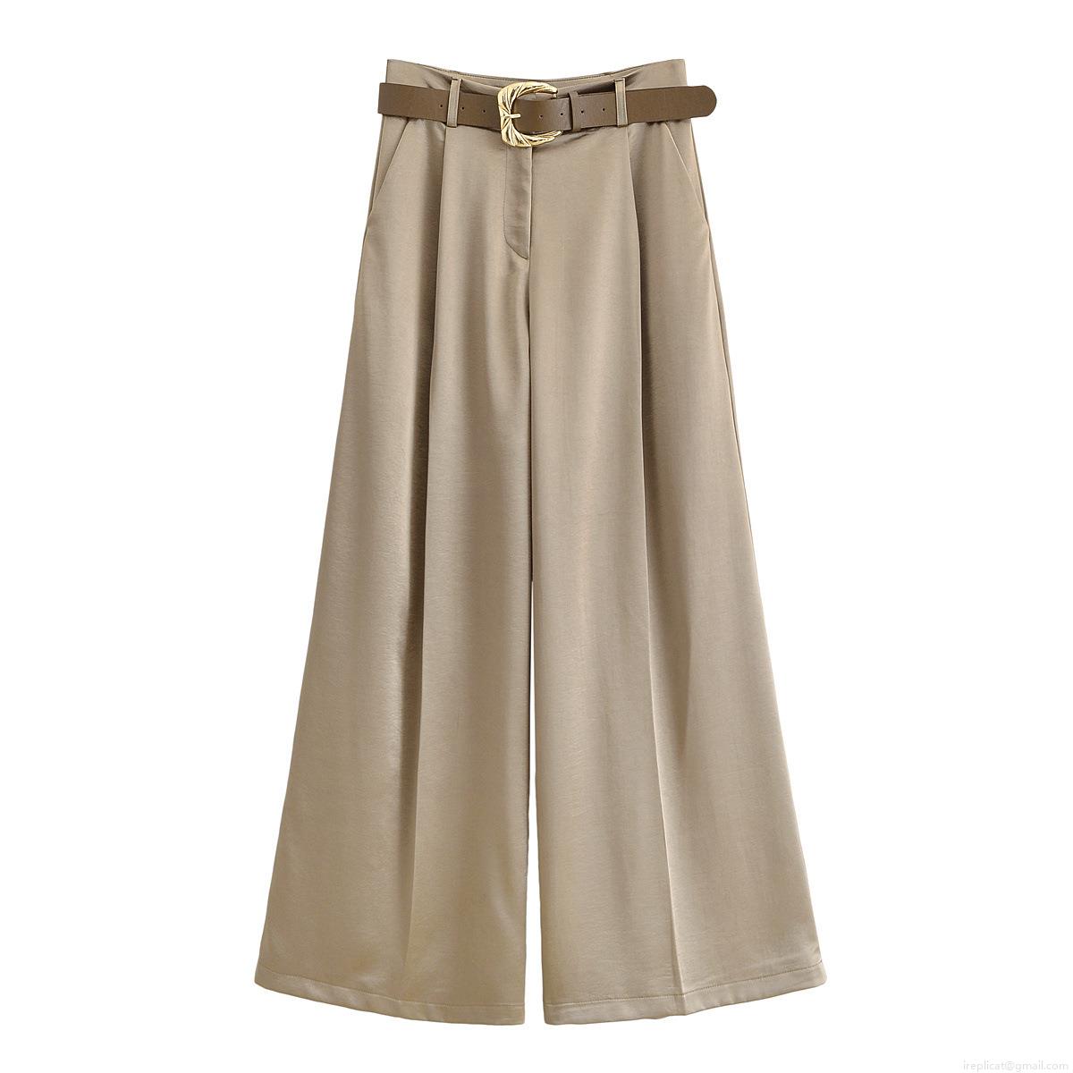 Women's High Waisted Wide Leg Pants 100% Polyester Satin Texture Casual Trousers With Belt Golden Buckle For Office Commute Khaki Solid Straight Pants
