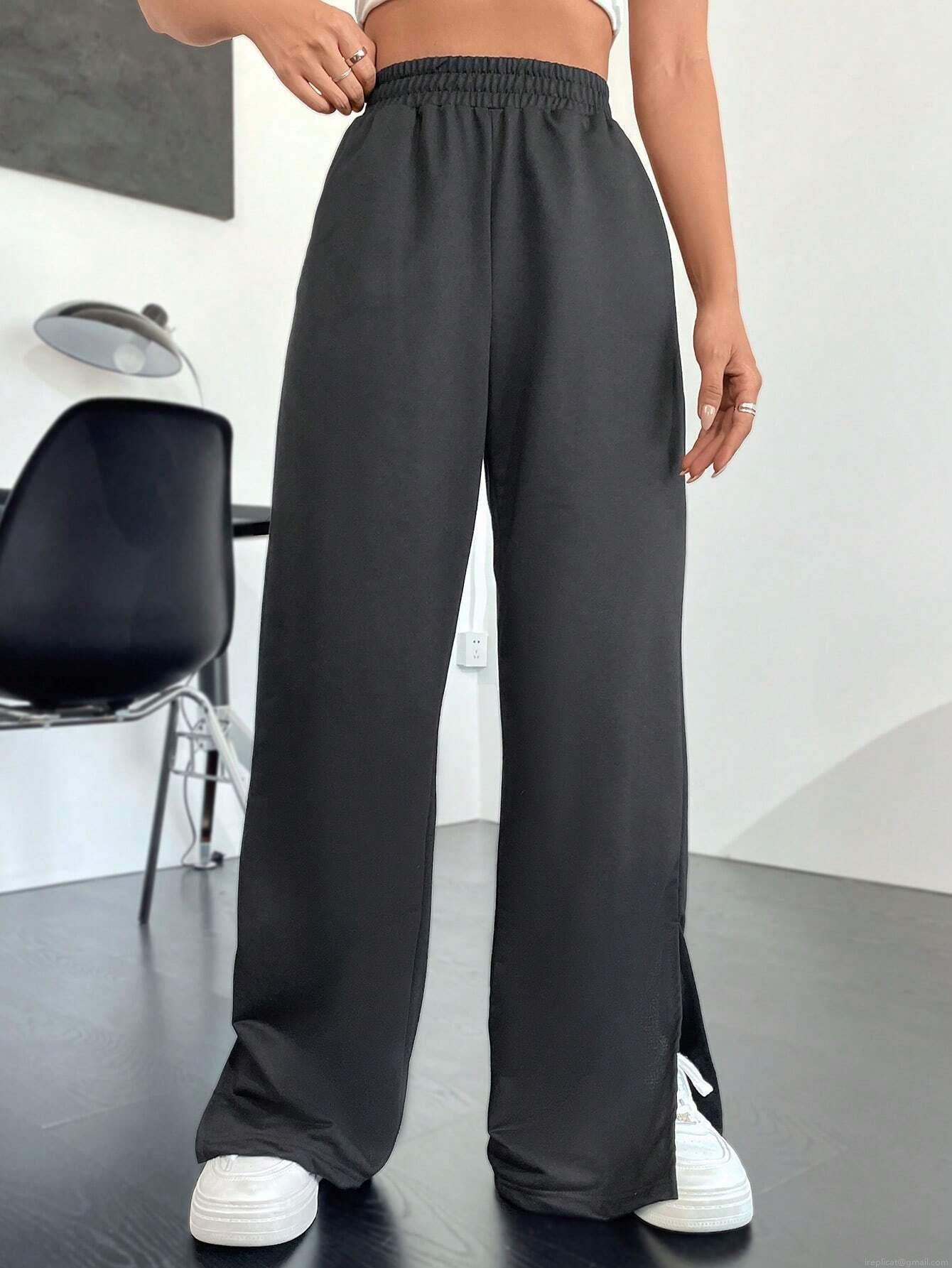 Women High Waist Wide Leg Sweatpants Side Slit Polyester Cotton Blend Casual Loose Long Pants Elastic Waist Fall Winter Fashion Streetwear for Women