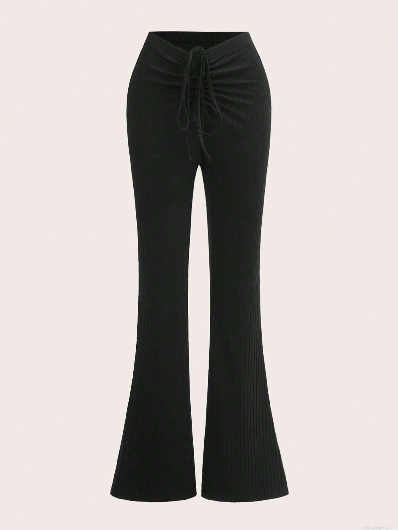 Women's Low Waist Ribbed Knit Flared Pants Slim Fit Drawstring Polyester Rayon Blend Trousers Casual Bell Bottom Yoga Pants For Women