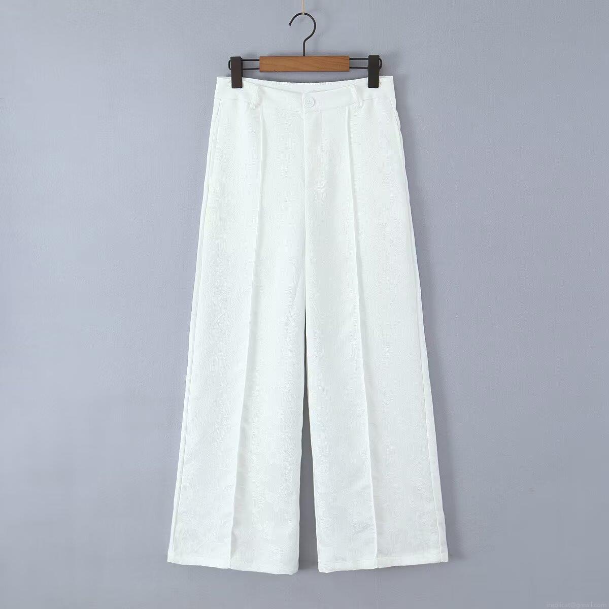 Women's High Waist Wide Leg Pants Elegant Floral Jacquard Polyester Casual Loose Long Trousers for Summer Street Style