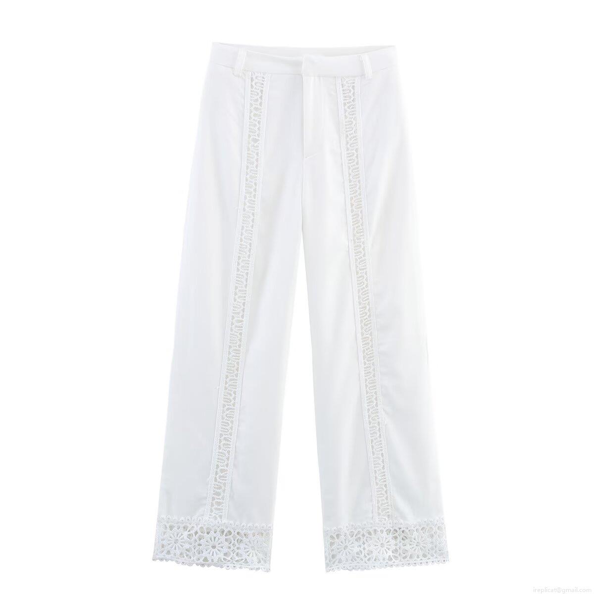 Women's White Lace Hollow Out Wide Leg Pants Bohemian Casual Patchwork Trousers With Elastic Waist For Vacation Summer Streetwear