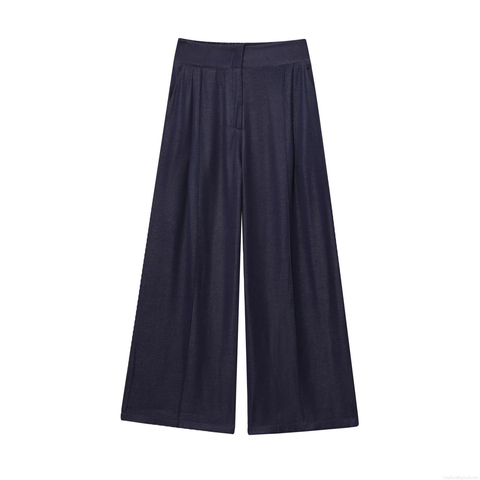 Women's High Waist Wide Leg Trousers Polyester Solid Color Pleated Casual Long Pants Streetwear Loose Fit Bottoms Summer Style