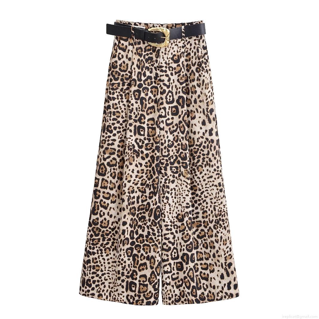 Women Leopard Print Wide Leg Pants With Belt Satin Polyester Casual Mid Waist Long Trousers Streetwear Animal Print Fashion Trousers For Women