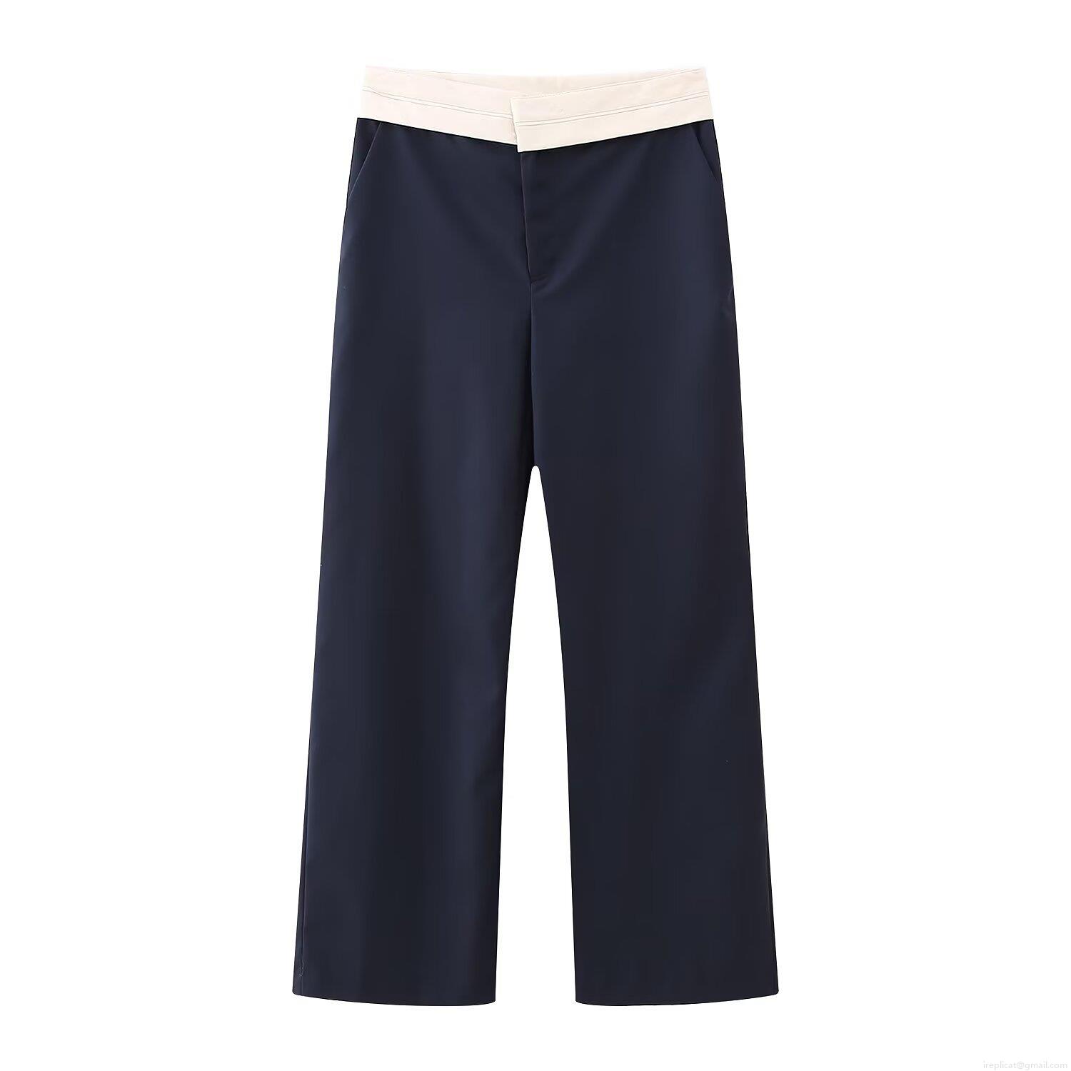 Women's High Waist Contrast Waistband Straight Leg Trousers Casual Loose Suit Pants Autumn Office Commute Navy Blue Fashion Long Pants