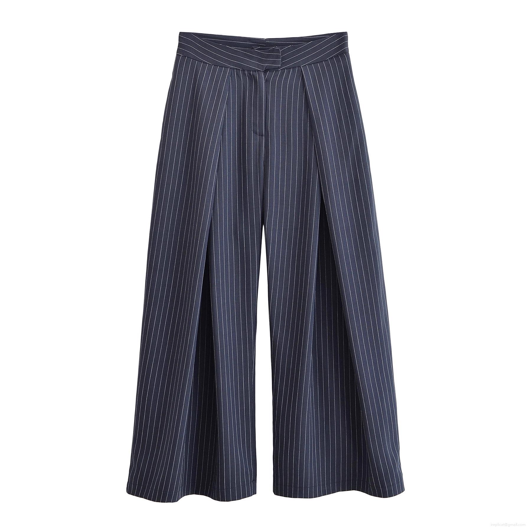 Women's Striped Wide Leg Pants High Waisted 100% Polyester Trousers Casual Loose Straight Leg Office Work Pants Dark Blue Vertical Striped Streetwear Autumn Fashion For Women