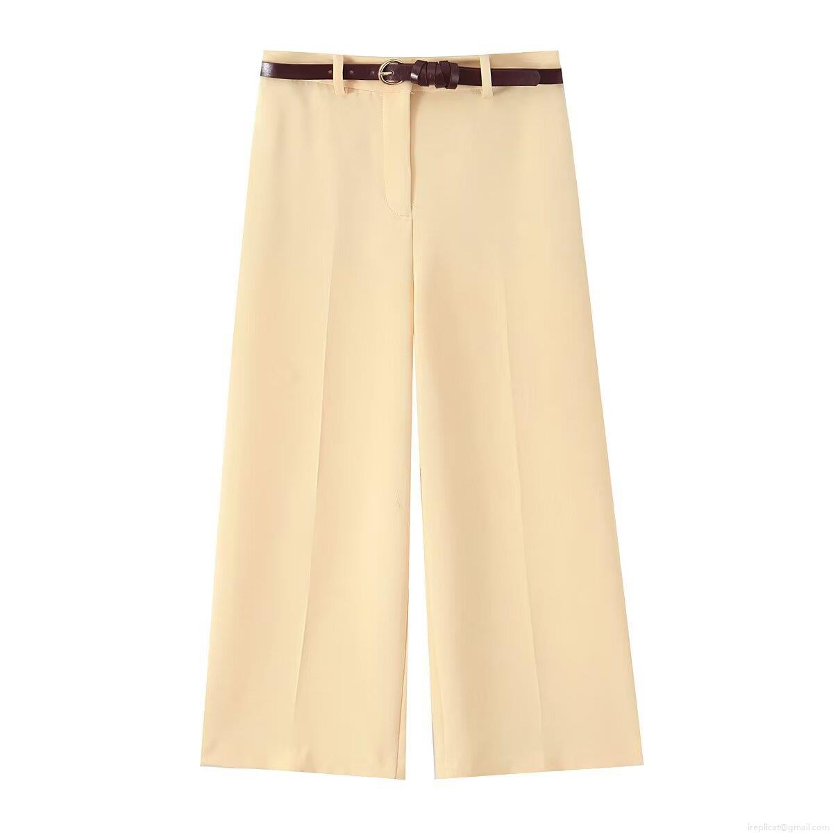 Women's Solid Color Wide Leg Pants With Belt Casual High Waist Office Straight Trousers Autumn Fashion Streetwear Ladies Trousers