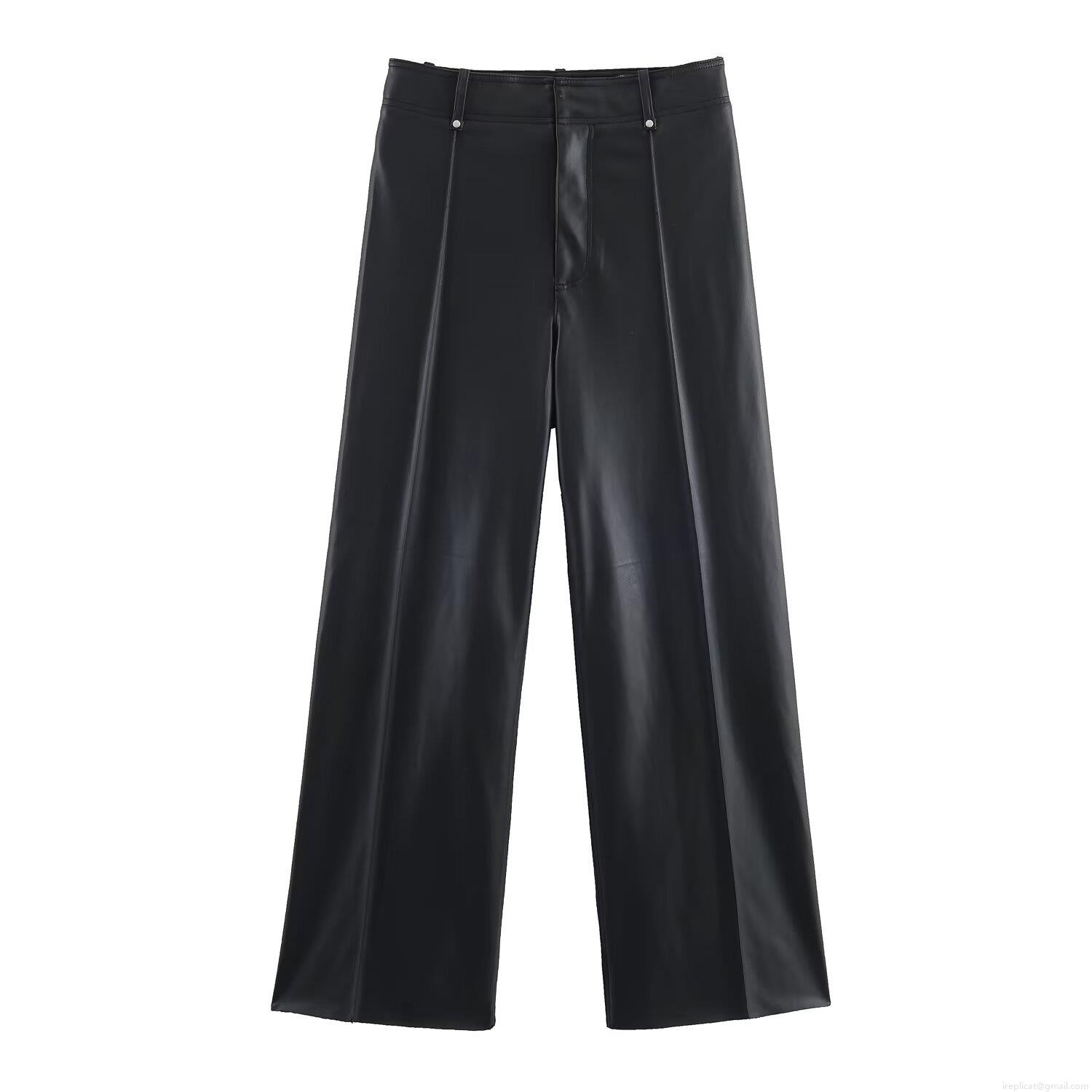 Women High Waisted PU Leather Wide Leg Trousers Autumn Winter Loose Casual Straight Long Pants Faux Leather Streetwear For Lady