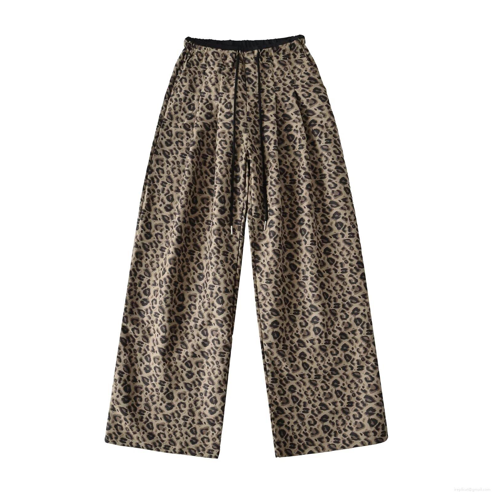 Women Leopard Print Wide Leg Pants Polyester Drawstring High Waist Casual Trousers Autumn Streetwear Fashion Loose Bottoms For Daily Party