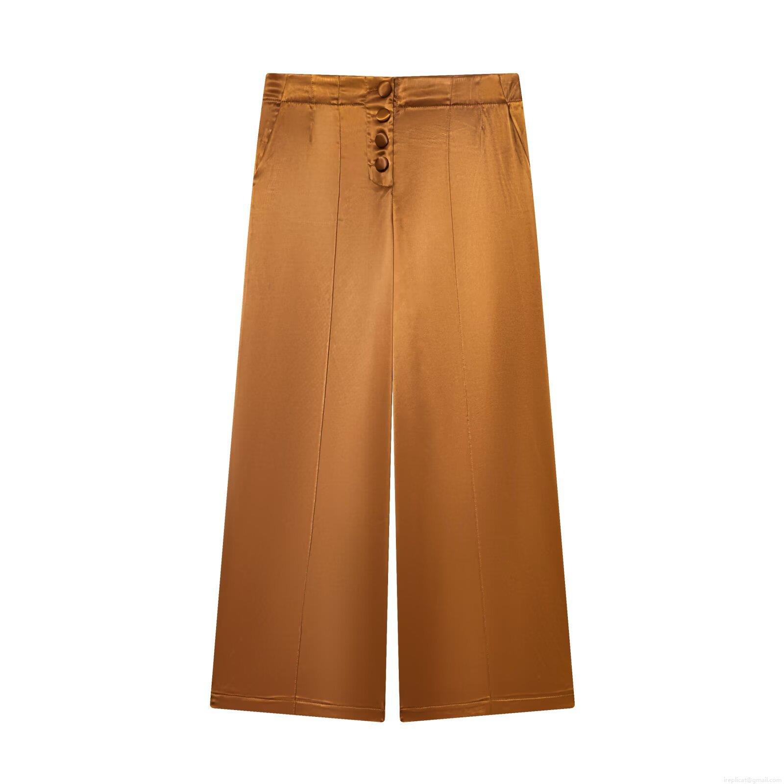 Women's Satin Wide Leg Trousers High Waisted Elegant Bronze Loose Long Pants With Decorative Buttons For Office Daily Casual Wear