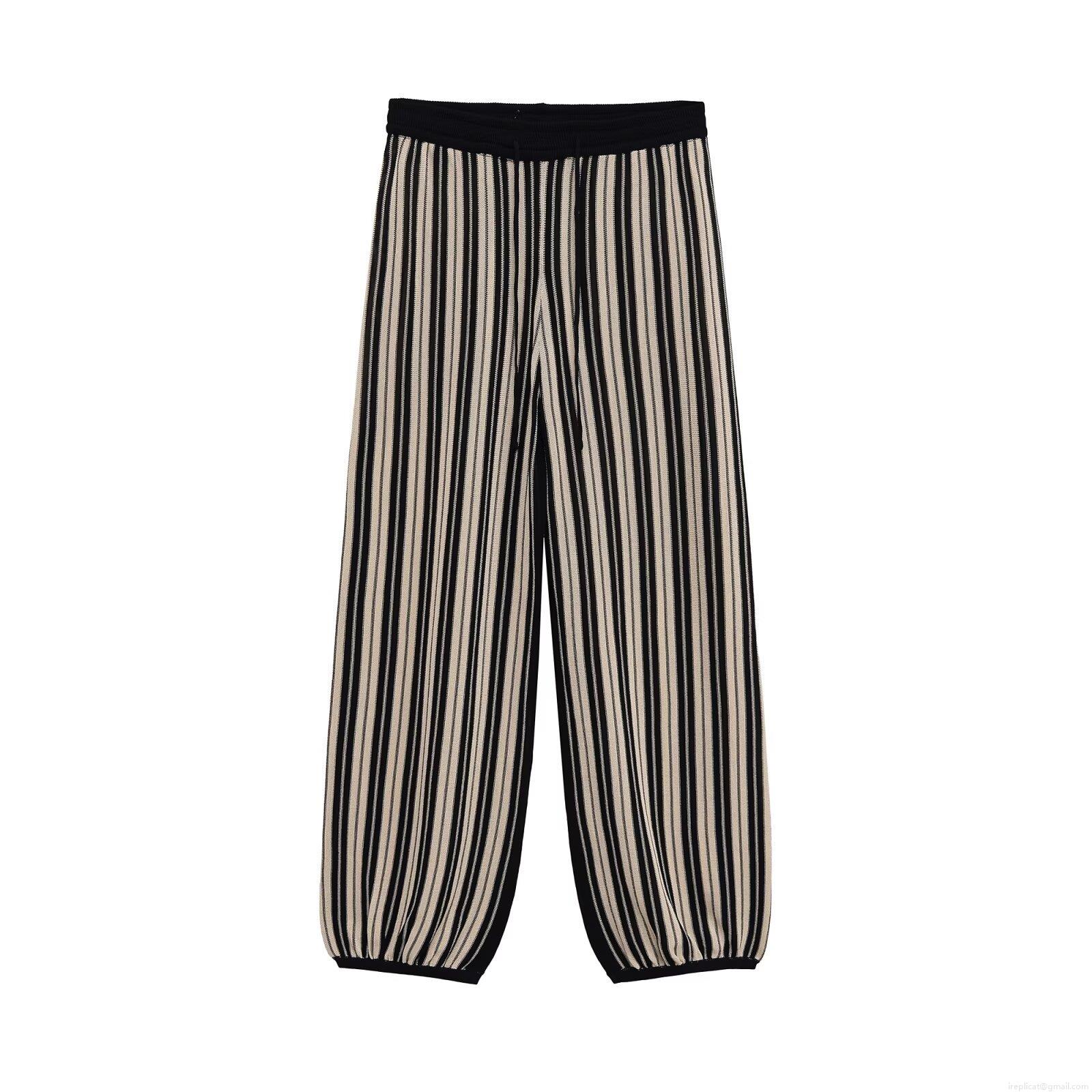 Women's Summer Vertical Striped Knit Wide Leg Pants Casual High Waist Drawstring Polyester Trousers For Daily Leisure