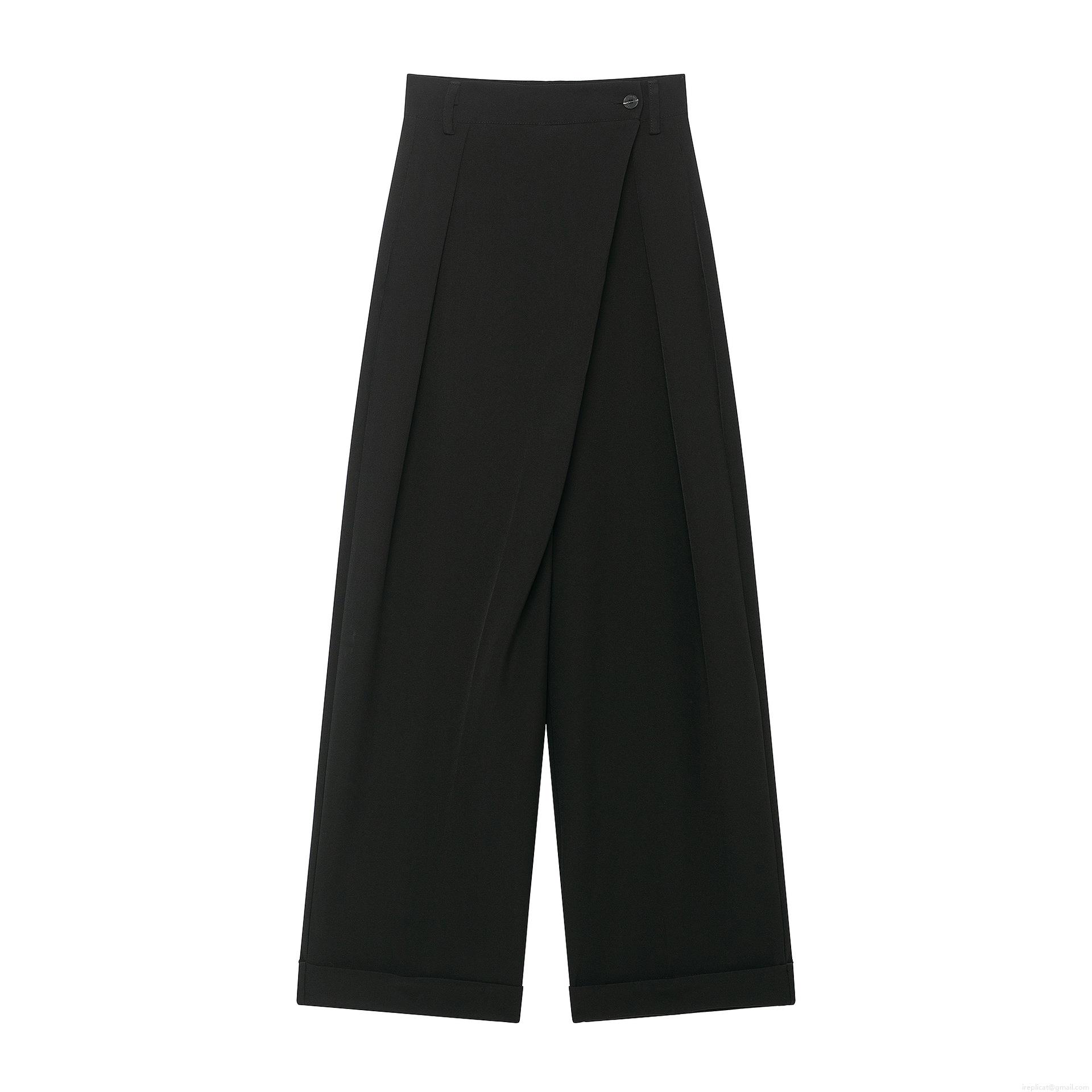 Women's High Waist Wide Leg Trousers Asymmetric Button Waist Casual Straight Pants Solid Black Polyester Commute Elegant Office Lady Long Trousers
